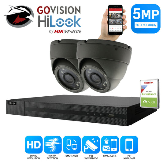 HIKVISION CCTV 1080P HD 5MP IR NIGHT VISION OUTDOOR DVR HOME SECURITY SYSTEM KIT 4CH DVR 2x Cameras (grey) 1TB HDD