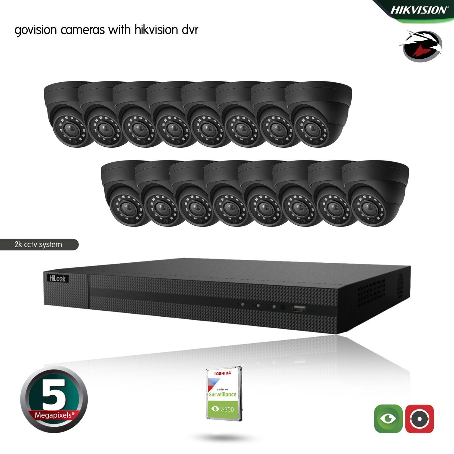 HIKVISION HILOOK CCTV SYSTEM 5MP DVR OUTDOOR NIGHTVISION SECURITY HD CAMERA KIT 16CH DVR 16xCameras 1TB HDD