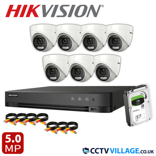 Hikvision 7x Camera Kit 8 Channel 1080p 1U H.265 AcuSense DVR with 8TB HDD 5MP ColorVu Fixed Turret Camera DS-2CE72HFT-F(3.6mm)