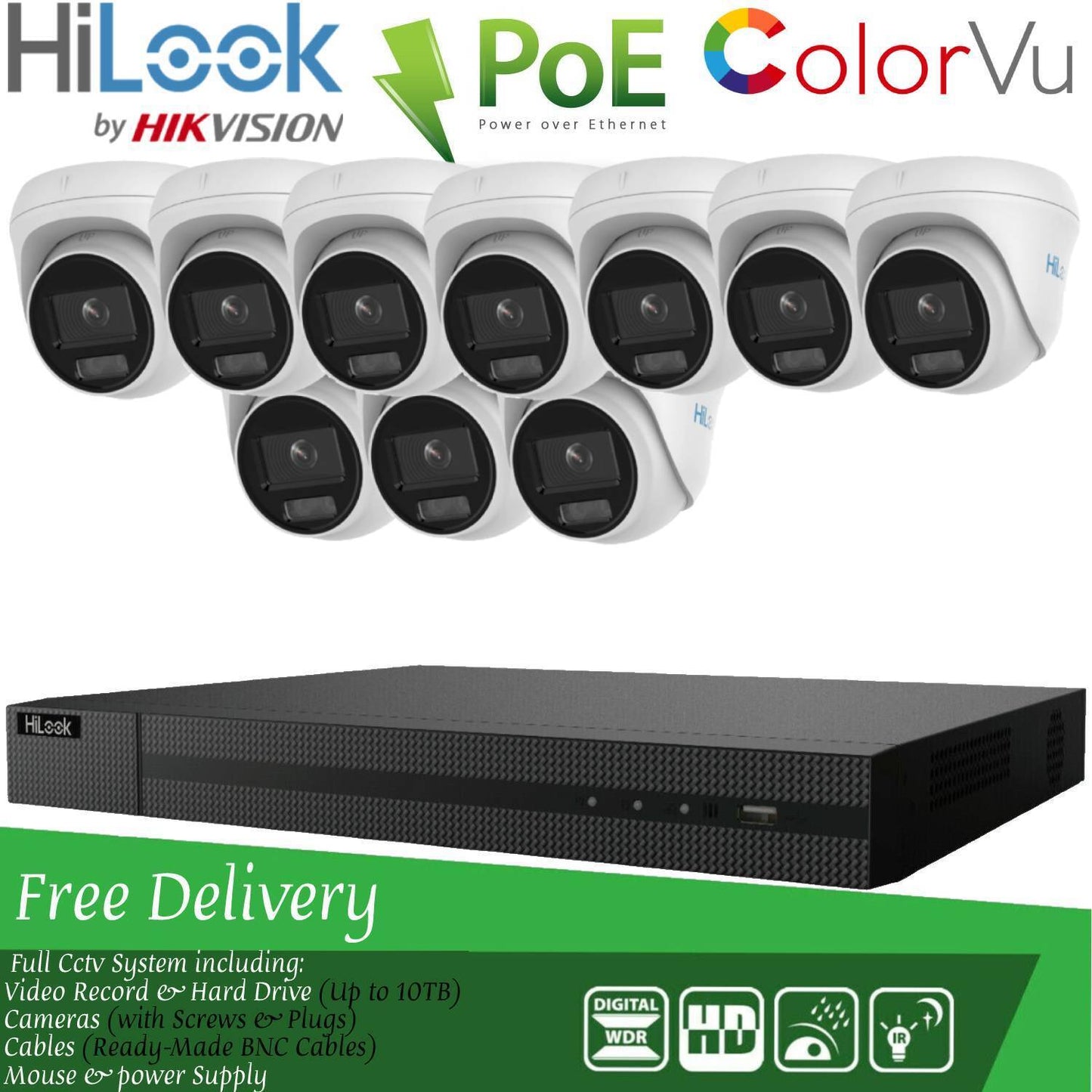 HIKVISION COLORVU POE CCTV SYSTEM IP UHD 8MP NVR 4K 5MP 24/7 COLORVU CAMERA KIT 16CH NVR 10x Cameras (white) 1TB HDD