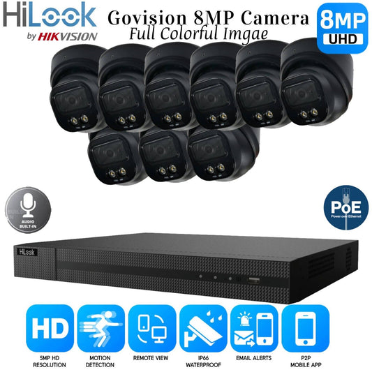 4K HIKVISION COLORVU AUDIO CCTV SYSTEM IP POE NVR 8MP CAMERA MIC NIGHTVISION KIT 16CH NVR 9xCameras (black) 1TB HDD