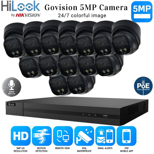 HIKVISION COLORVU POE CCTV SYSTEM IP UHD 8MP NVR 5MP COLORVU AUDIO CAMERA KIT UK 16CH NVR 14xCameras (black) 1TB HDD