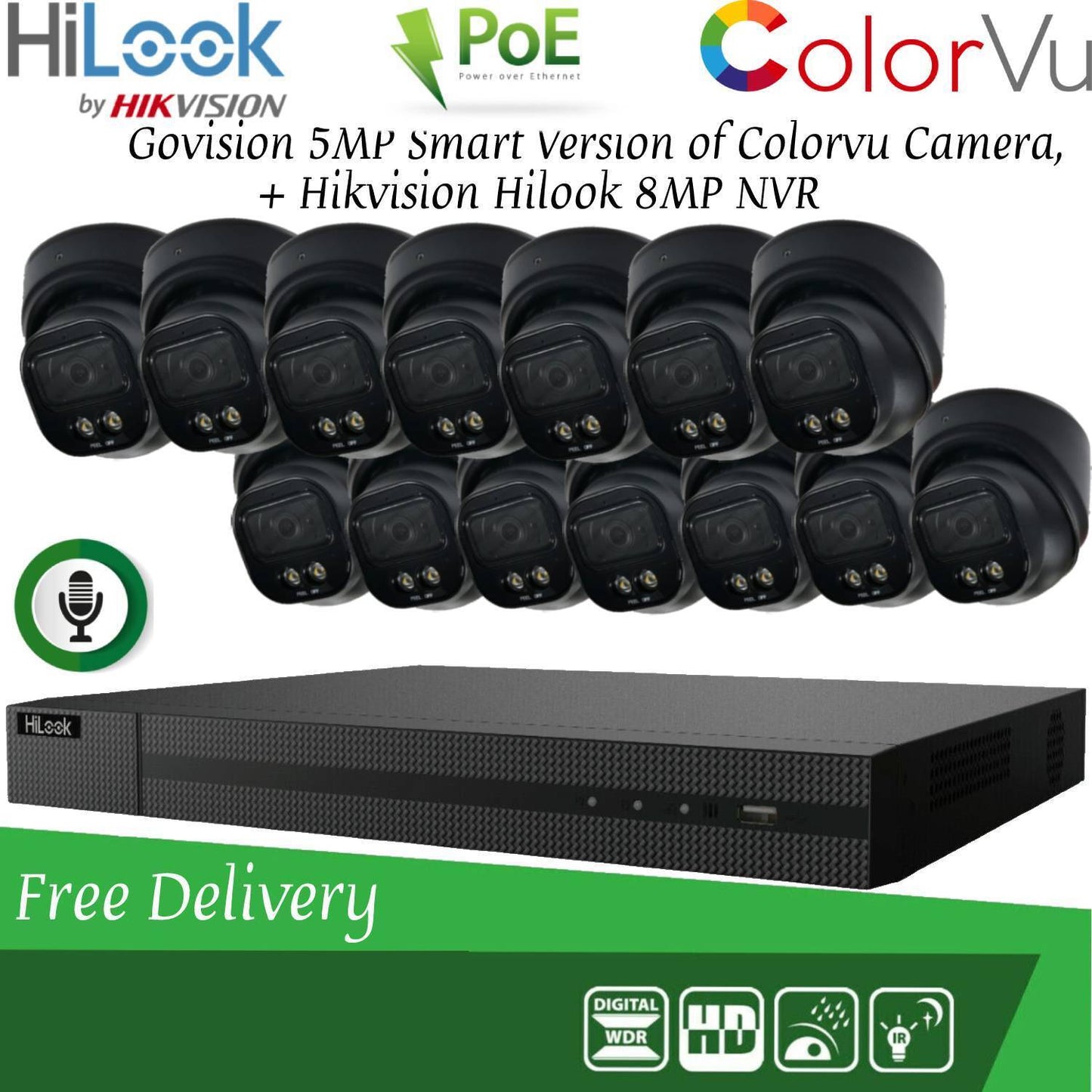 HIKVISION 8MP POE CCTV SYSTEM IP UHD NVR 5MP 24/7 COLORVU AUDIO MIC CAMERA KIT 16CH 14x Cameras (Black) 1TB HDD