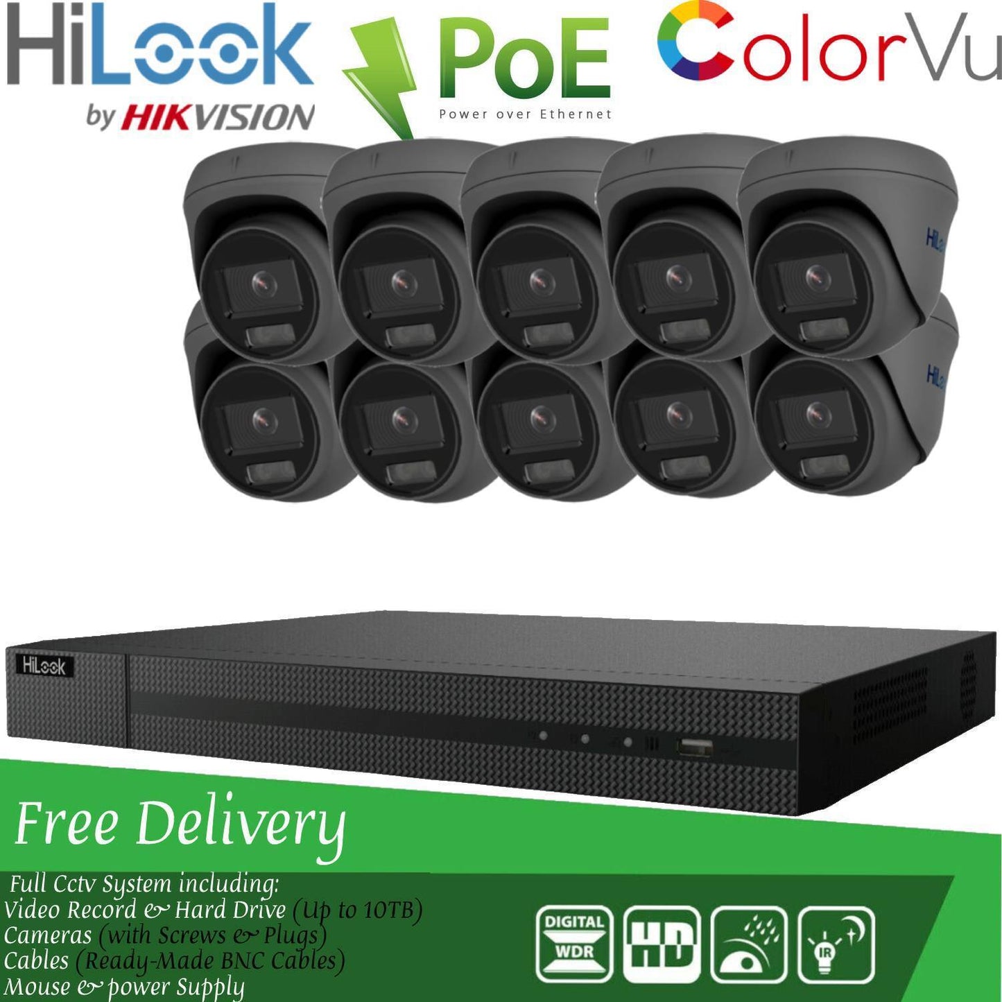 HIKVISION COLORVU POE IP CCTV SYSTEM UHD 8MP NVR 4K 5MP 24/7 COLORVU CAMERA KIT 16CH NVR 10x Cameras (grey) 2TB HDD