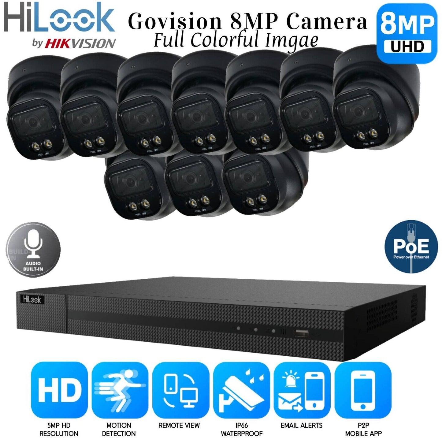 HiLook 4K ColorVu Audio IP CCTV System POE NVR 8MP Camera MIC Night vision Kit 16CH NVR 10xCameras 1TB HDD