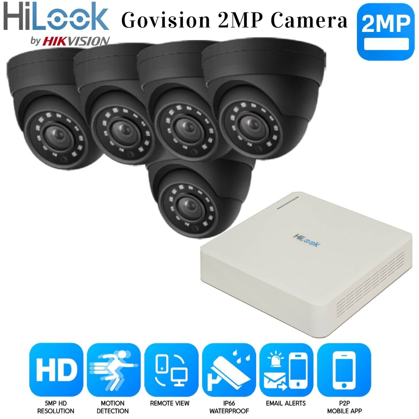 Hikvision Home Outdoor CCTV Security Camera System Kit HD 1080P 4CH DVR IR NIGHT 8CH DVR 5xCameras (gray) 1TB HDD
