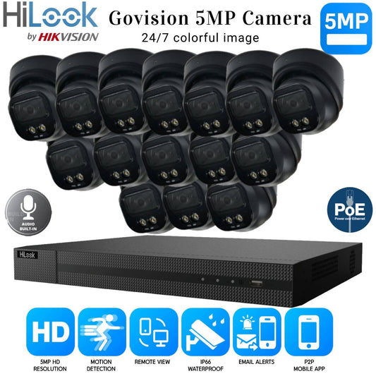 HIKVISION COLORVU POE CCTV SYSTEM IP UHD 8MP NVR 5MP COLORVU AUDIO CAMERA KIT UK 16CH NVR 15xCameras (black) 1TB HDD