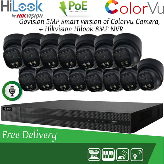 HIKVISION 8MP POE CCTV SYSTEM IP UHD NVR 5MP 24/7 COLORVU AUDIO MIC CAMERA KIT 16CH 15x Cameras (Black) 1TB HDD