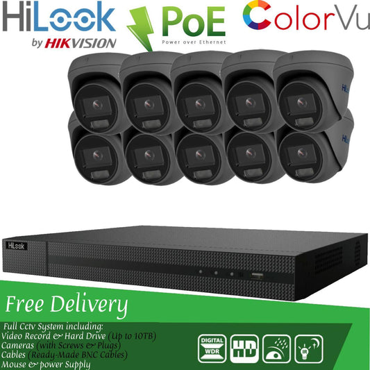 HIKVISION COLORVU POE CCTV SYSTEM IP UHD 8MP NVR 4K 5MP 24/7 COLORVU CAMERA KIT 16CH NVR 10x Cameras (grey) 6TB HDD