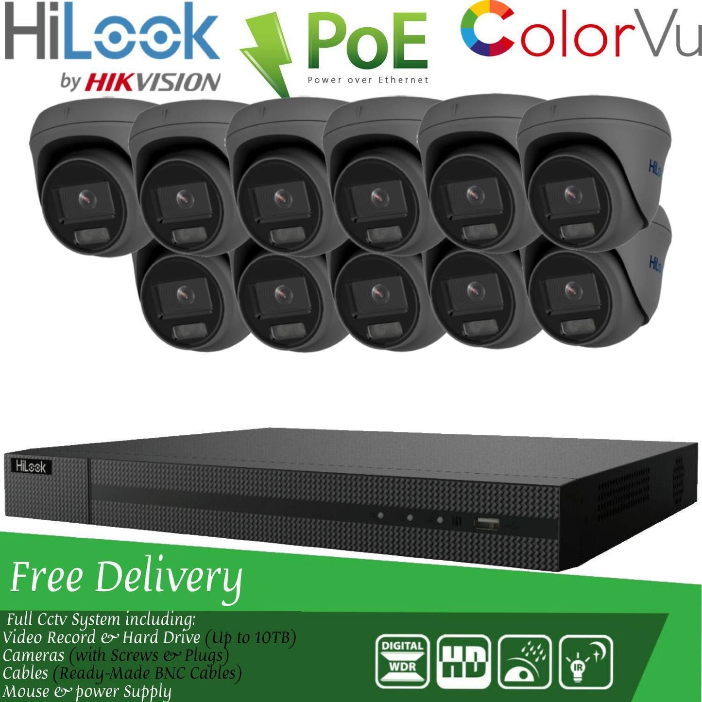 HIKVISION COLORVU POE CCTV SYSTEM IP UHD 8MP NVR 4K 5MP 24/7 COLORVU CAMERA KIT 16CH NVR 11x Cameras (grey) 1TB HDD