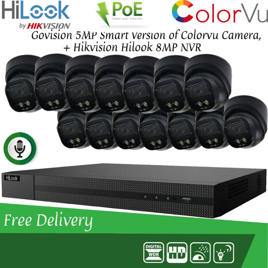 HIKVISION 8MP POE CCTV SYSTEM IP UHD NVR 5MP 24/7 COLORVU AUDIO MIC CAMERA KIT 16CH DVR 14x Cameras (Black) 4TB HDD