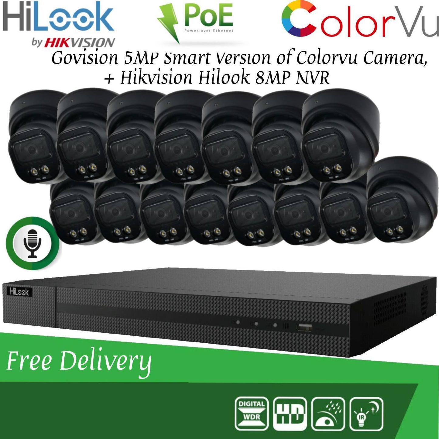 HIKVISION 8MP POE CCTV SYSTEM IP UHD NVR 5MP 24/7 COLORVU AUDIO MIC CAMERA KIT 16CH 15x Cameras (Black) 2TB HDD