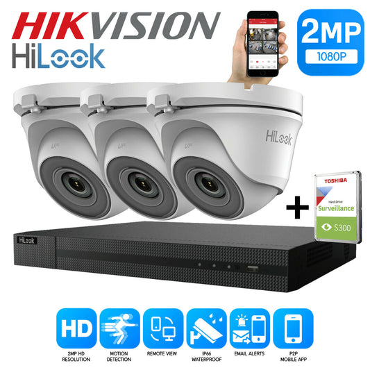 HIKVISION HILOOK CCTV SYSTEM KIT 4CH DVR 2MP TURRET CAMERA DAY/NIGHT UK 4CH DVR 3xCameras (white) 1TB HDD
