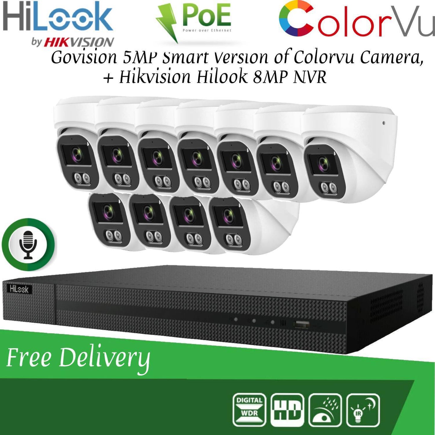 HIKVISION 8MP POE CCTV SYSTEM IP UHD NVR 5MP 24/7 COLORVU AUDIO MIC CAMERA KIT 16CH 11x Cameras(white) 1TB HDD