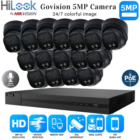 HIKVISION COLORVU POE CCTV SYSTEM IP UHD 8MP NVR 5MP COLORVU AUDIO CAMERA KIT UK 16CH NVR 16xCameras (black) 1TB HDD