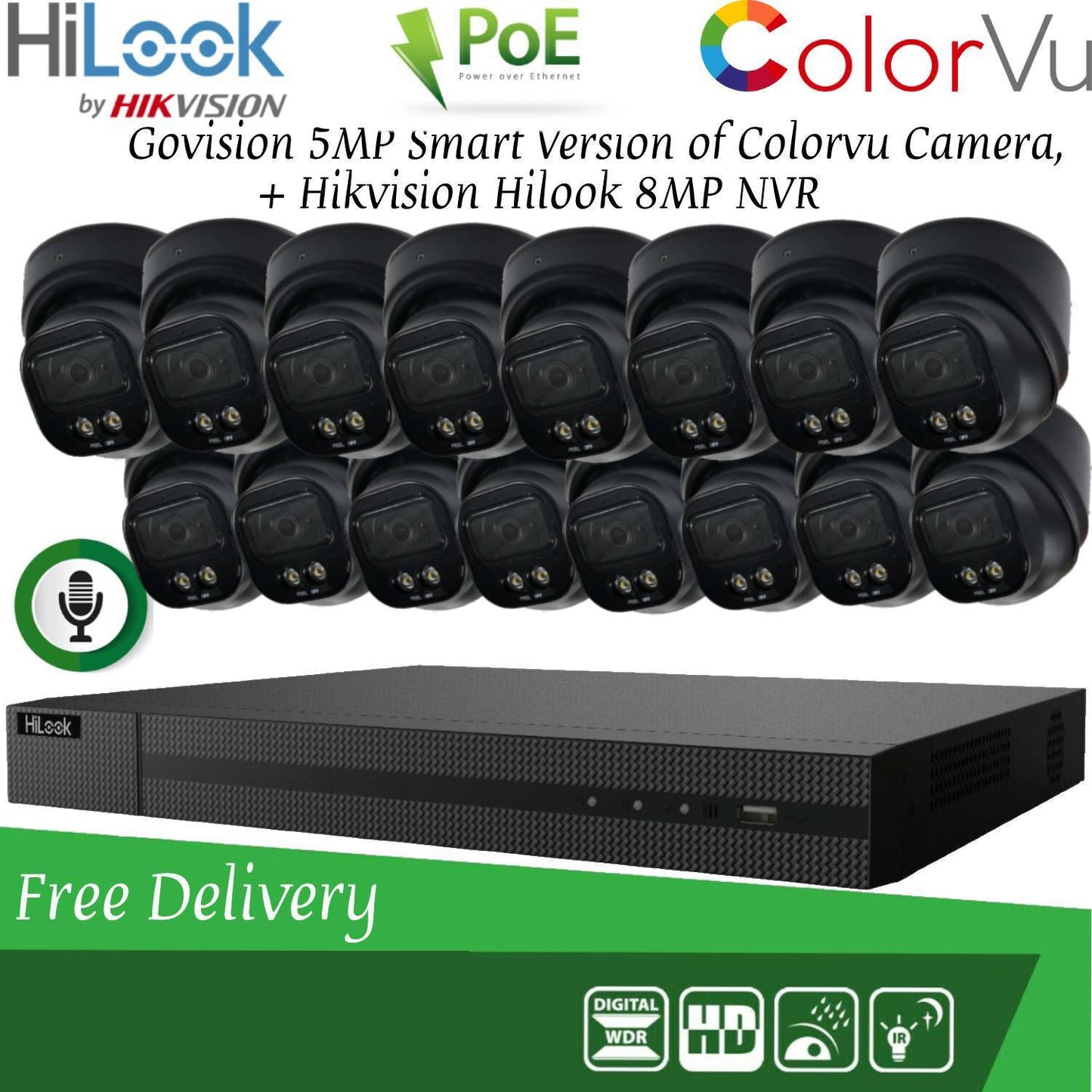 HIKVISION 8MP POE CCTV SYSTEM IP UHD NVR 5MP 24/7 COLORVU AUDIO MIC CAMERA KIT 16CH 16x Cameras (Black) 1TB HDD