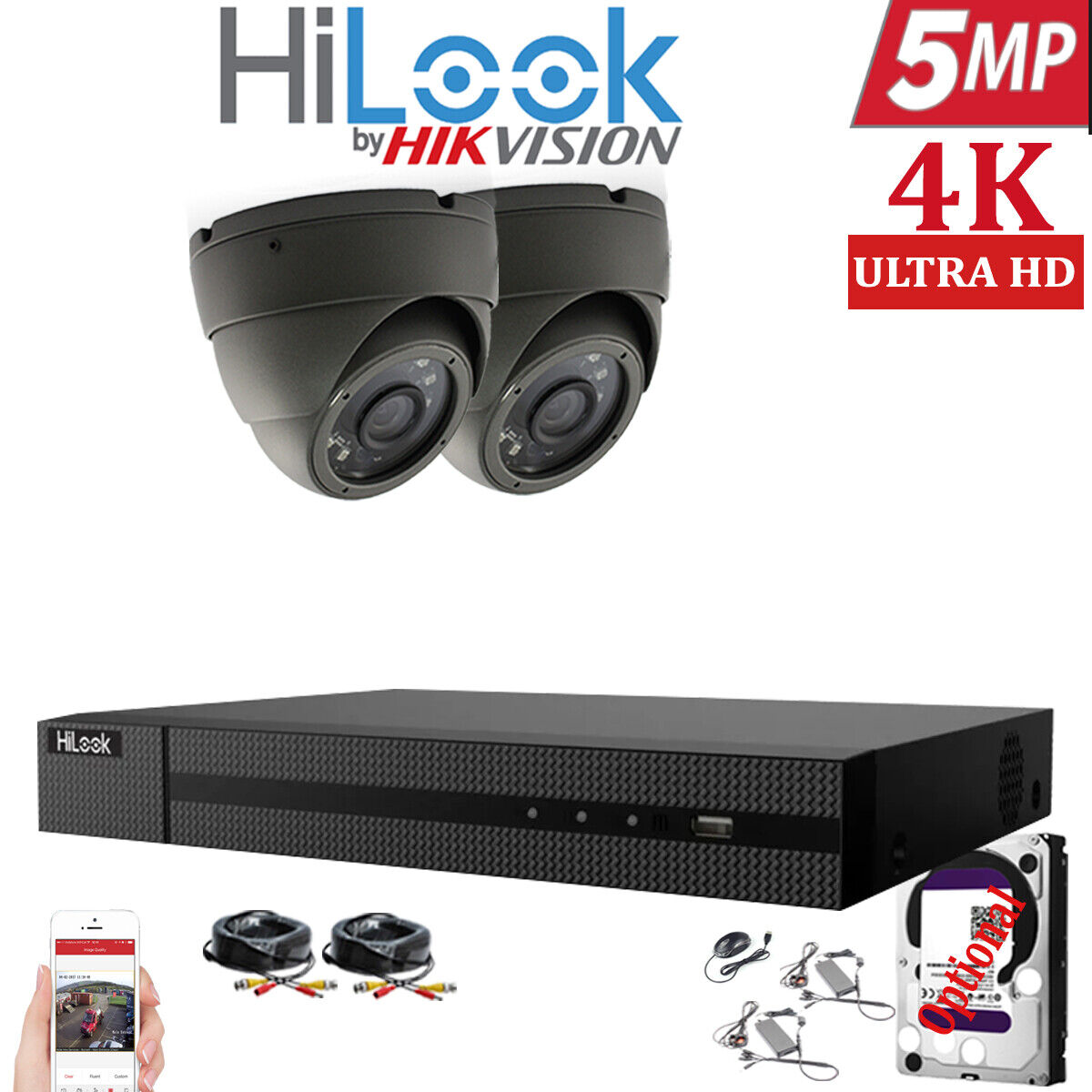 HIKVISION HILOOK 5MP CCTV SYSTEM 4CH DVR FULL HD 20M NIGHT VISION DOME CAMERAS 2x Cameras (Grey) 2TB HDD