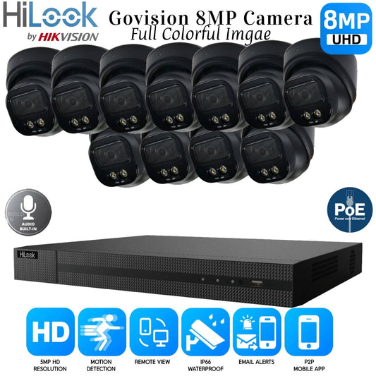 8MP HIKVISION COLORVU AUDIO CCTV SYSTEM IP POE NVR 4K CAMERA MIC NIGHTVISION KIT 16CH NVR 11xCameras (black) 2TB HDD