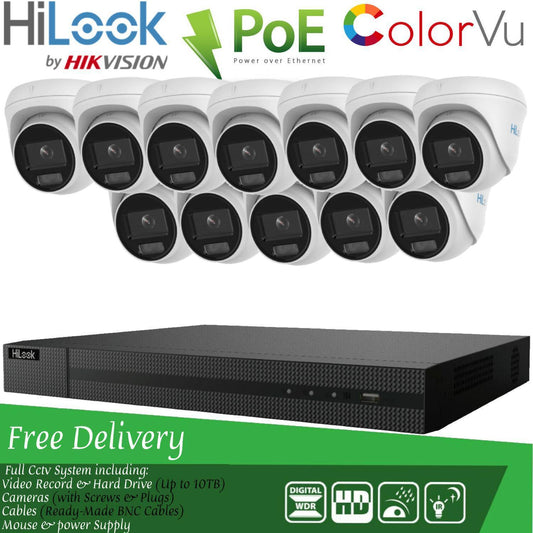 HIKVISION COLORVU POE CCTV SYSTEM IP UHD 8MP NVR 4K 5MP 24/7 COLORVU CAMERA KIT 16CH NVR 12x Cameras (white) 1TB HDD