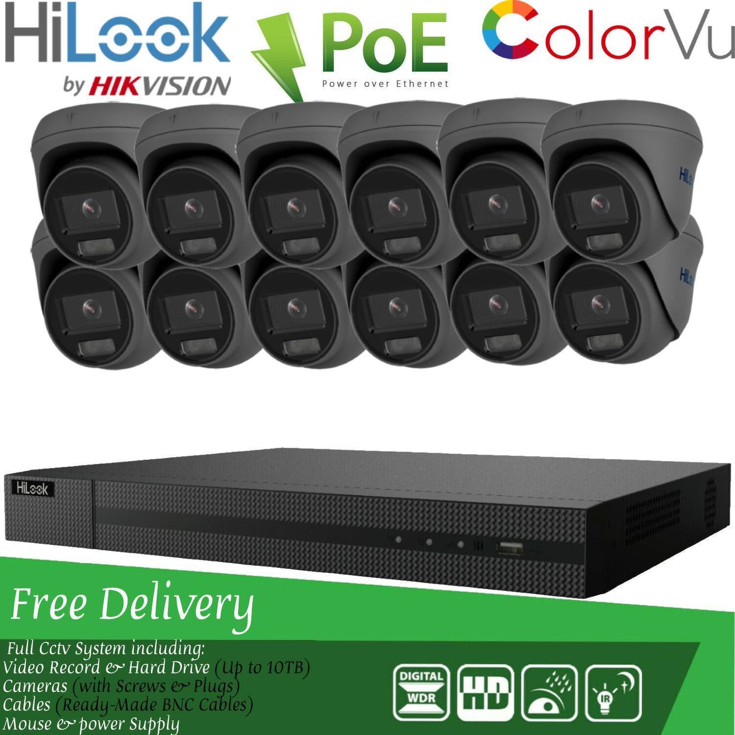 HIKVISION COLORVU POE IP CCTV SYSTEM UHD 8MP NVR 4K 5MP 24/7 COLORVU CAMERA KIT 16CH NVR 12x Cameras (grey) 4TB HDD