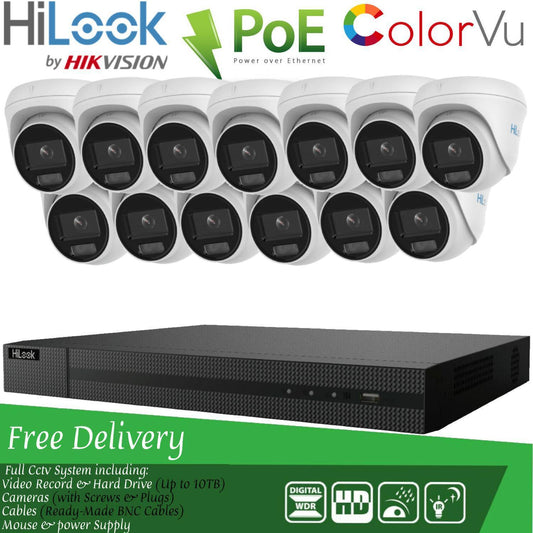 HIKVISION COLORVU POE CCTV SYSTEM IP UHD 8MP NVR 4K 5MP 24/7 COLORVU CAMERA KIT 16CH NVR 13x Cameras (white) 1TB HDD