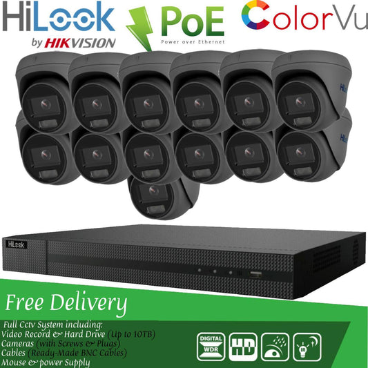 HIKVISION COLORVU POE CCTV SYSTEM IP UHD 8MP NVR 4K 5MP 24/7 COLORVU CAMERA KIT 16CH NVR 13x Cameras (grey) 1TB HDD