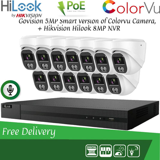 HIKVISION 8MP POE CCTV SYSTEM IP UHD NVR 5MP 24/7 COLORVU AUDIO MIC CAMERA KIT 16CH DVR 13x Cameras(white) 1TB HDD