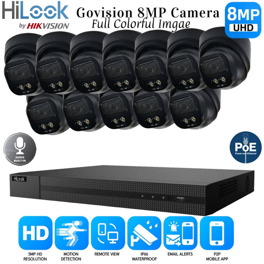 4K HIKVISION COLORVU AUDIO CCTV SYSTEM IP POE NVR 8MP CAMERA MIC NIGHTVISION KIT 16CH NVR 12xCameras (black) 2TB HDD