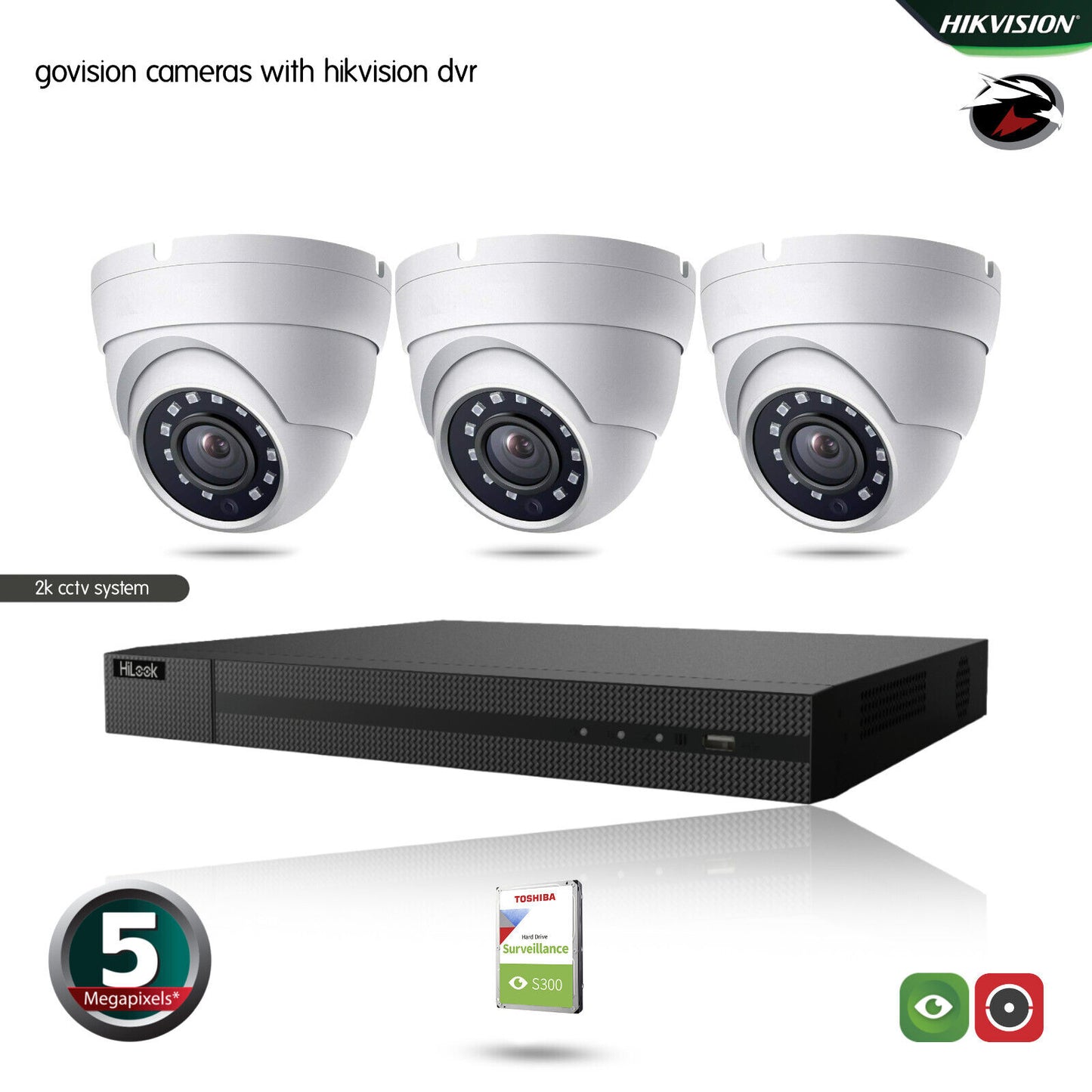 HIKVISION 5MP CCTV FULL HD NIGHT VISION OUTDOOR DVR HOME SECURITY SYSTEM KIT UK 4CH DVR 3xCameras (white) 1TB HDD