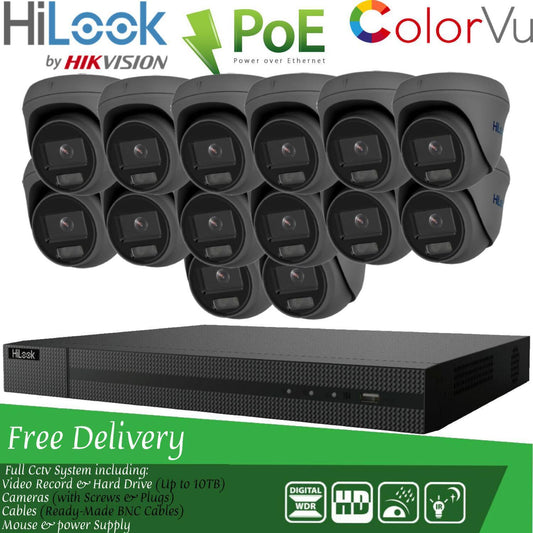 HIKVISION COLORVU POE CCTV SYSTEM IP UHD 8MP NVR 4K 5MP 24/7 COLORVU CAMERA KIT 16CH NVR 14x Cameras (grey) 1TB HDD