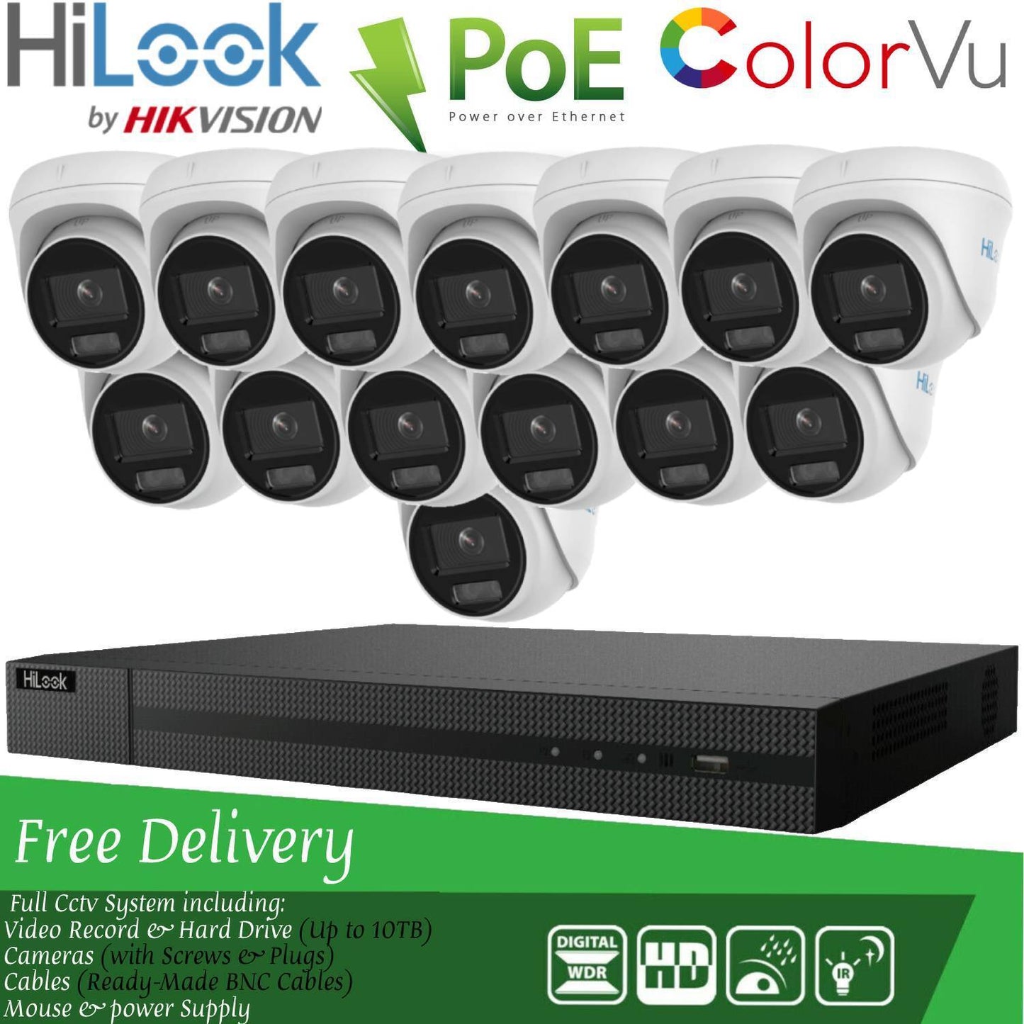 HIKVISION COLORVU POE CCTV SYSTEM IP UHD 8MP NVR 4K 5MP 24/7 COLORVU CAMERA KIT 16CH NVR 14x Cameras (white) 2TB HDD