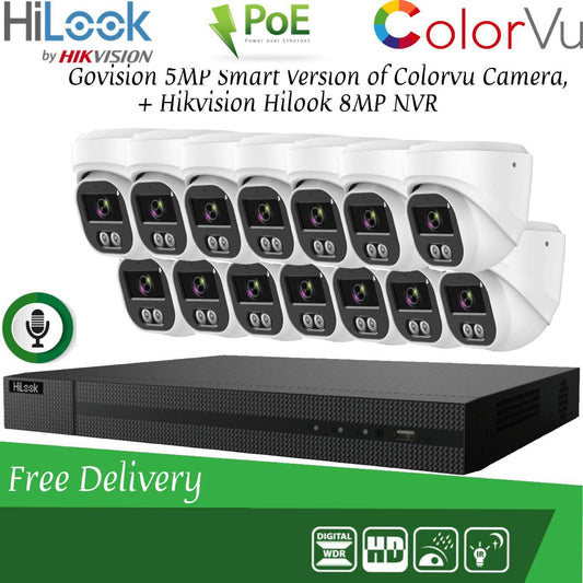 HIKVISION 8MP POE CCTV SYSTEM IP UHD NVR 5MP 24/7 COLORVU AUDIO MIC CAMERA KIT 16CH DVR 14x Cameras(white) 1TB HDD