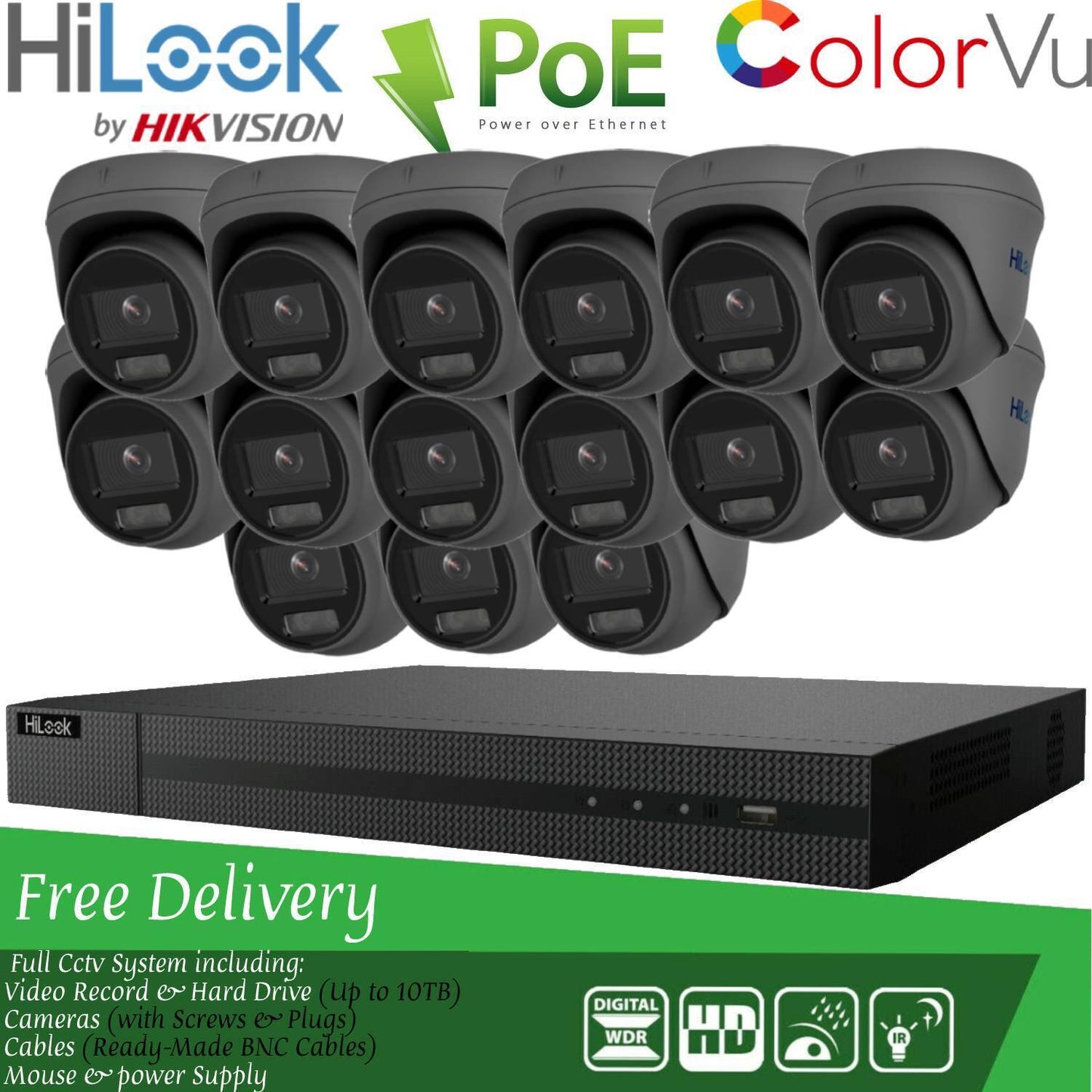 HIKVISION COLORVU POE IP CCTV SYSTEM UHD 8MP NVR 4K 5MP 24/7 COLORVU CAMERA KIT 16CH NVR 15x Cameras (grey) 2TB HDD