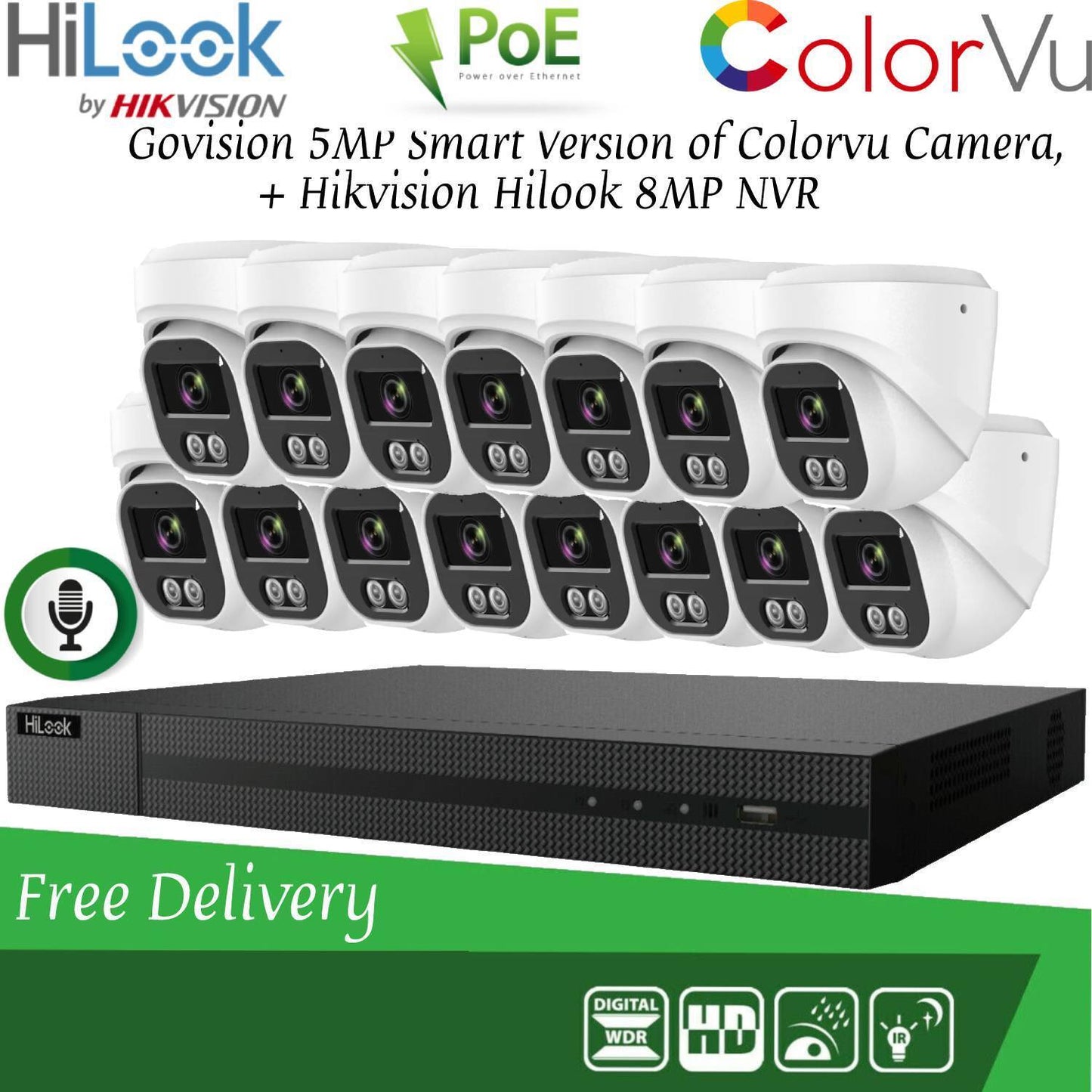 HIKVISION 8MP POE CCTV SYSTEM IP UHD NVR 5MP 24/7 COLORVU AUDIO MIC CAMERA KIT 16CH DVR 15x Cameras(white) 1TB HDD