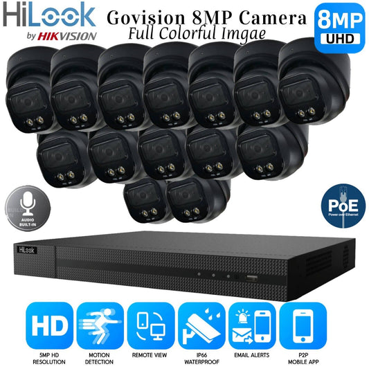 4K HIKVISION COLORVU AUDIO CCTV SYSTEM IP POE NVR 8MP CAMERA MIC NIGHTVISION KIT 16CH NVR 14xCameras (black) 1TB HDD