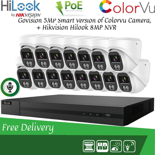 HIKVISION 8MP POE CCTV SYSTEM IP UHD NVR 5MP 24/7 COLORVU AUDIO MIC CAMERA KIT 16CH DVR 15x Cameras(white) 2TB HDD