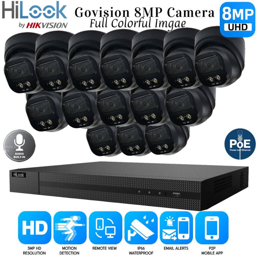 8MP HIKVISION COLORVU AUDIO CCTV SYSTEM IP POE NVR 4K CAMERA MIC NIGHTVISION KIT 16CH NVR 15xCameras (black) 1TB HDD