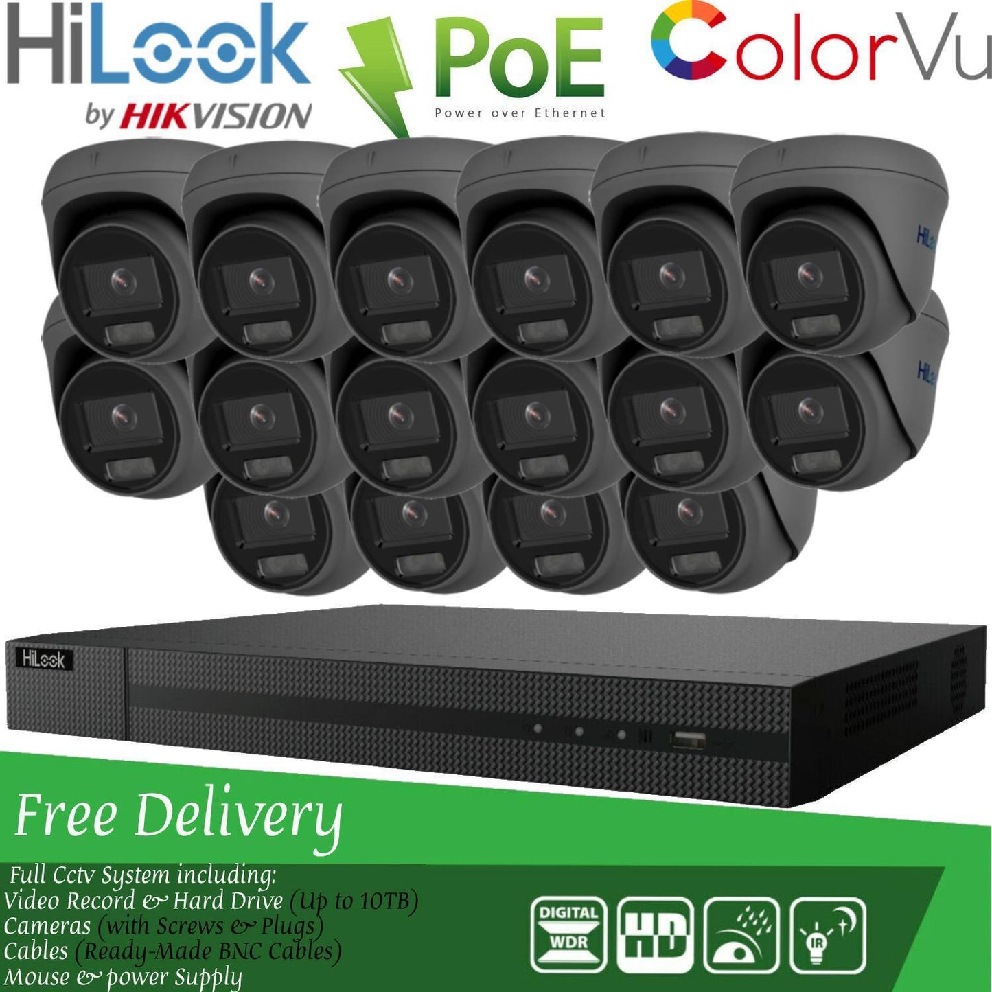 HIKVISION COLORVU POE IP CCTV SYSTEM UHD 8MP NVR 4K 5MP 24/7 COLORVU CAMERA KIT 16CH NVR 16x Cameras (grey) 1TB HDD