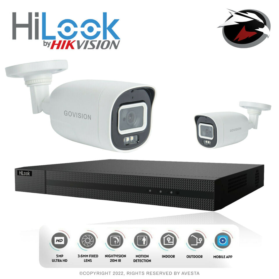 HIKVISION HILOOK 5MP CCTV SYSTEM DVR FULL HD 24/7 HOURS COLORFUL CAMERA KIT UK 4CH DVR 2xCameras (white) 1TB HDD