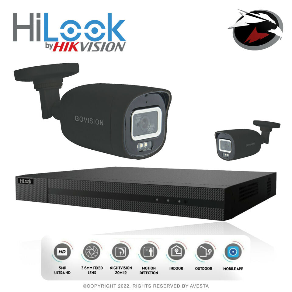 HIKVISION HILOOK 5MP CCTV SYSTEM DVR FULL HD 24/7 HOURS COLORFUL CAMERA KIT UK 4CH DVR 2x Cameras (gray) 1TB HDD