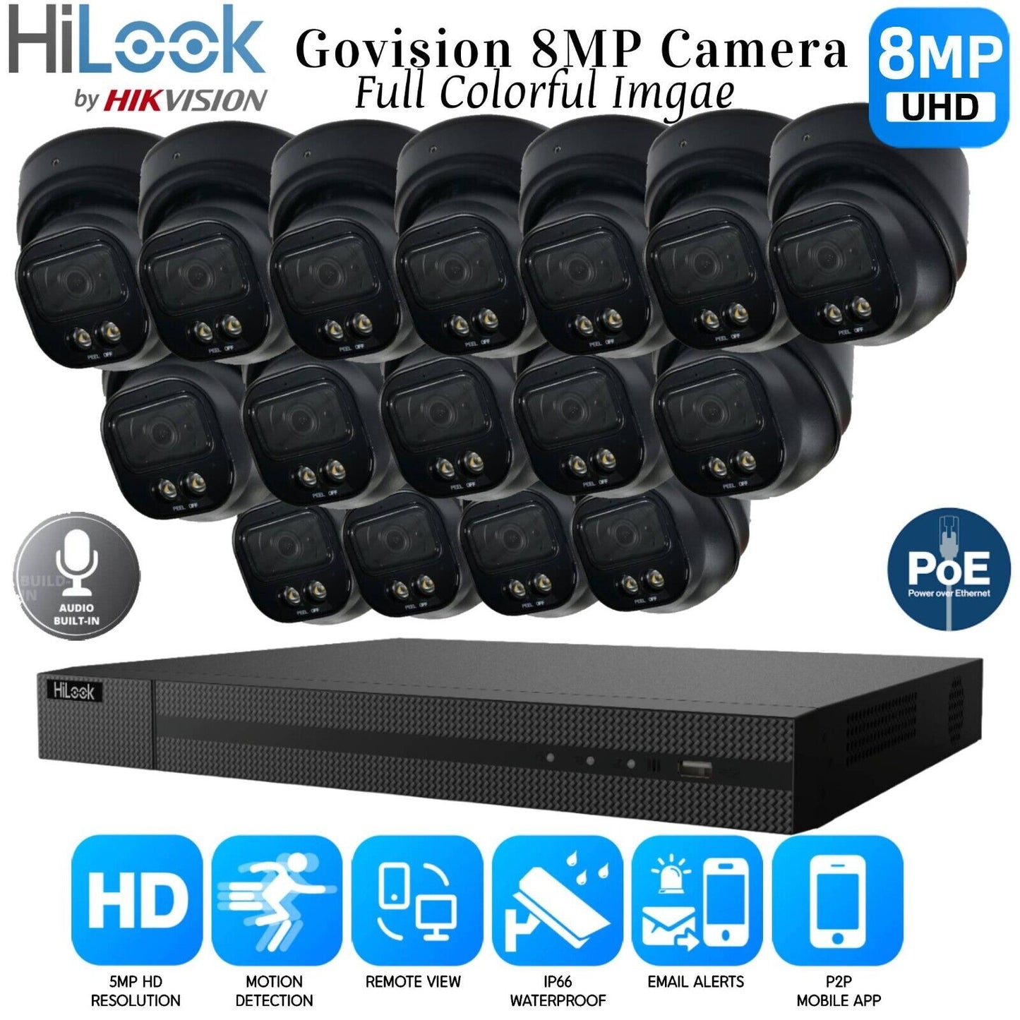 8MP HIKVISION COLORVU AUDIO CCTV SYSTEM IP POE NVR 4K CAMERA MIC NIGHTVISION KIT 16CH NVR 16xCameras (black) 1TB HDD