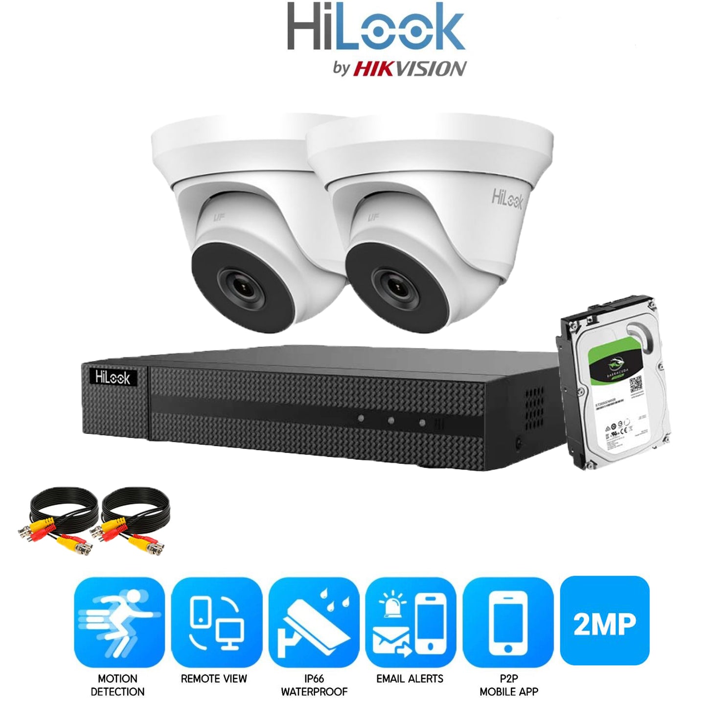 Hikvision HD CCTV system 2MP 4ch DVR outdoor IP66 40M low light camera 2x Cameras (white) 1TB HDD