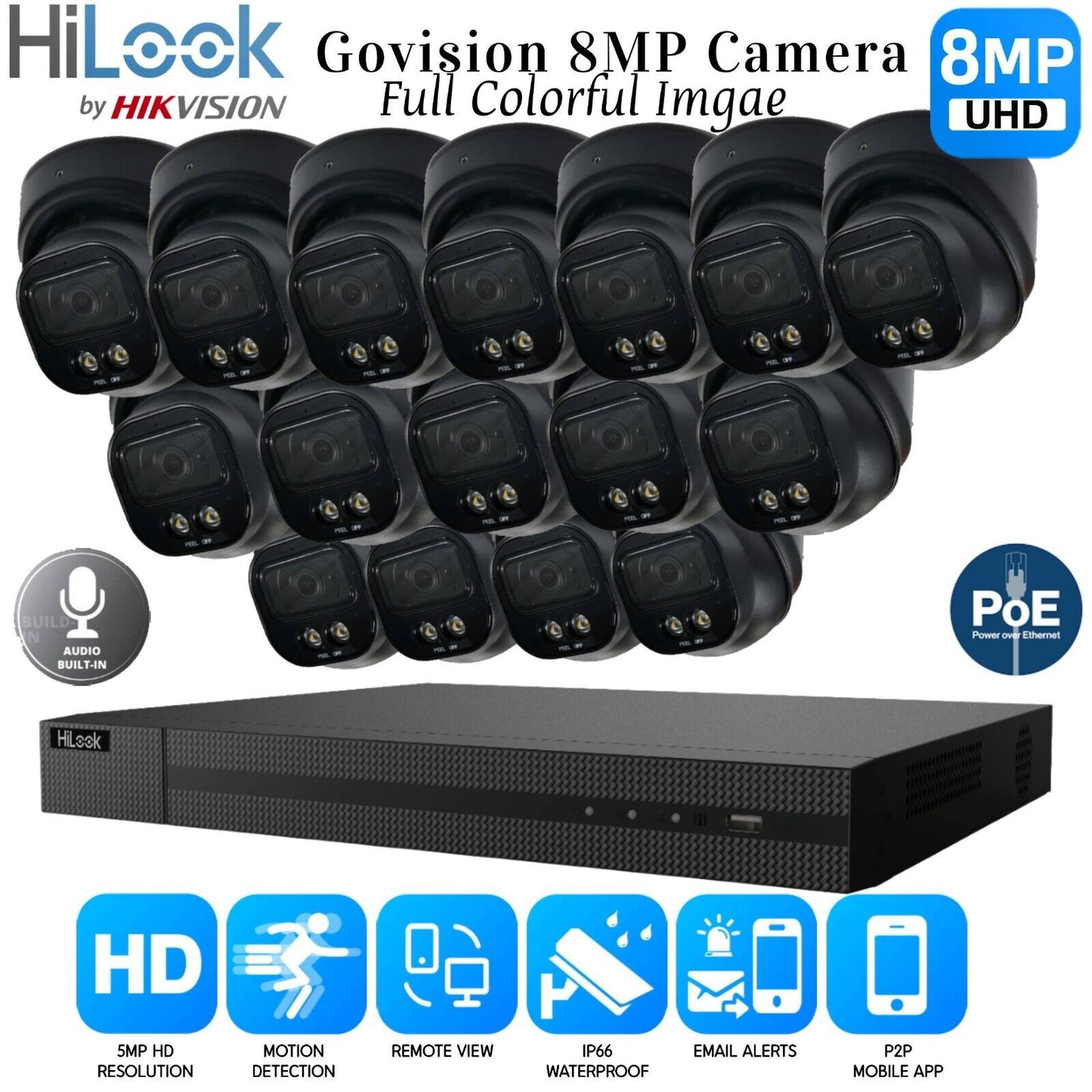 HiLook 4K ColorVu Audio IP CCTV System POE NVR 8MP Camera MIC Night vision Kit 16CH NVR 16xCameras 2TB HDD