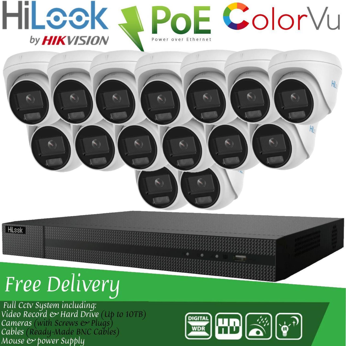 HIKVISION COLORVU POE CCTV SYSTEM IP UHD 8MP NVR 4K 5MP 24/7 COLORVU CAMERA KIT 16CH NVR 15x Cameras (white) 6TB HDD
