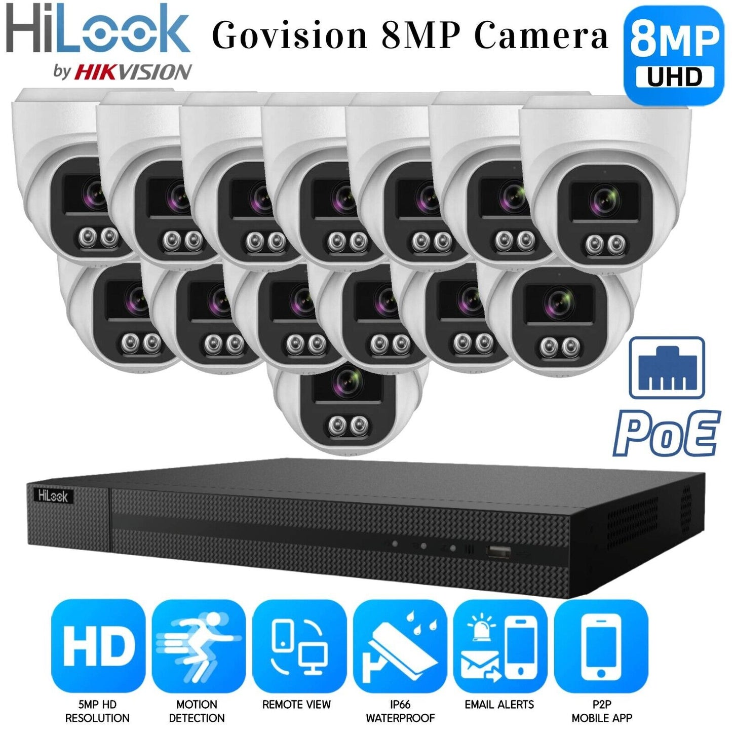4K HIKVISION COLORVU AUDIO CCTV SYSTEM IP POE NVR 8MP CAMERA MIC NIGHTVISION KIT 16CH NVR 14xCameras (white) 6TB HDD