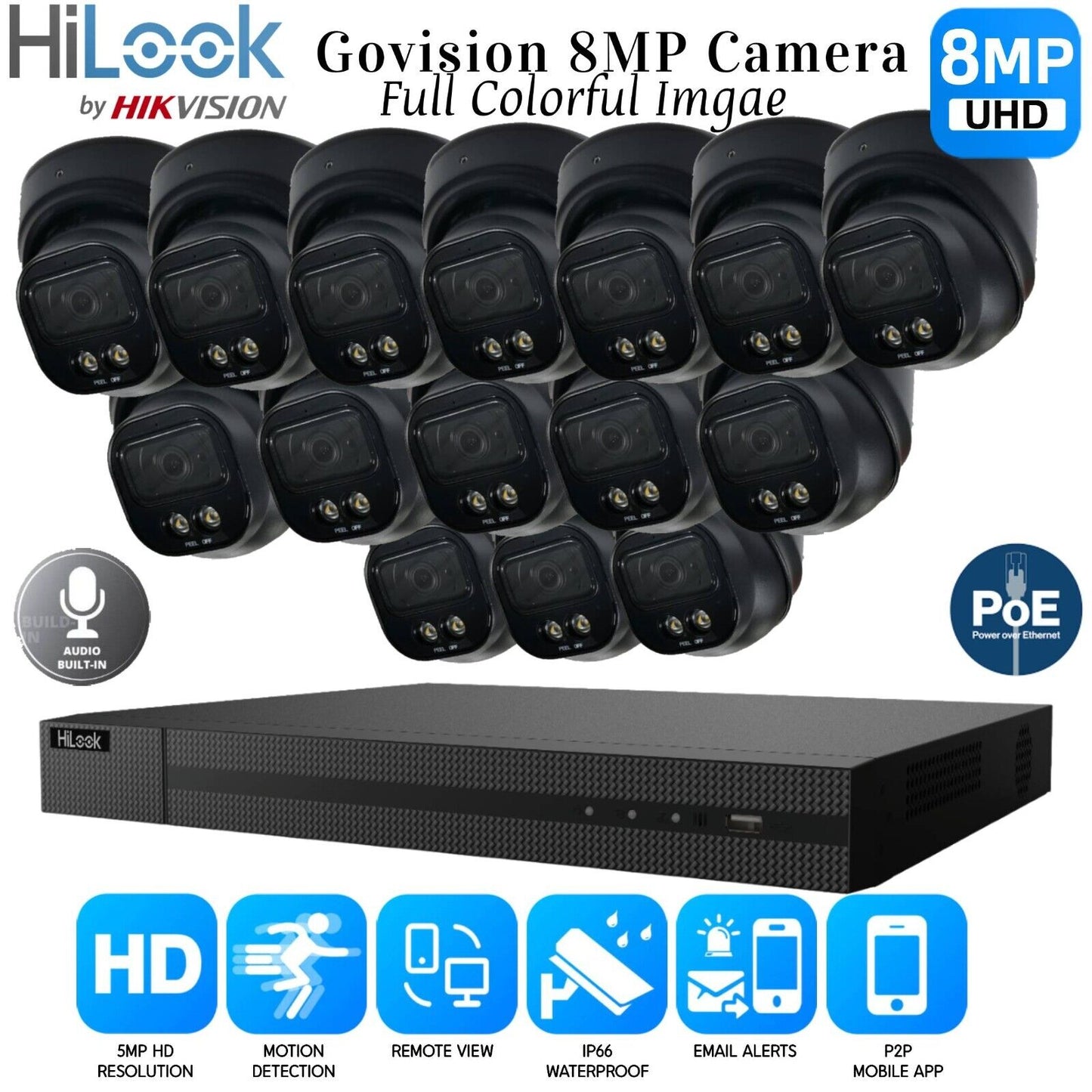 4K HIKVISION COLORVU AUDIO CCTV SYSTEM IP POE NVR 8MP CAMERA MIC NIGHTVISION KIT 16CH NVR 15xCameras (black) 4TB HDD