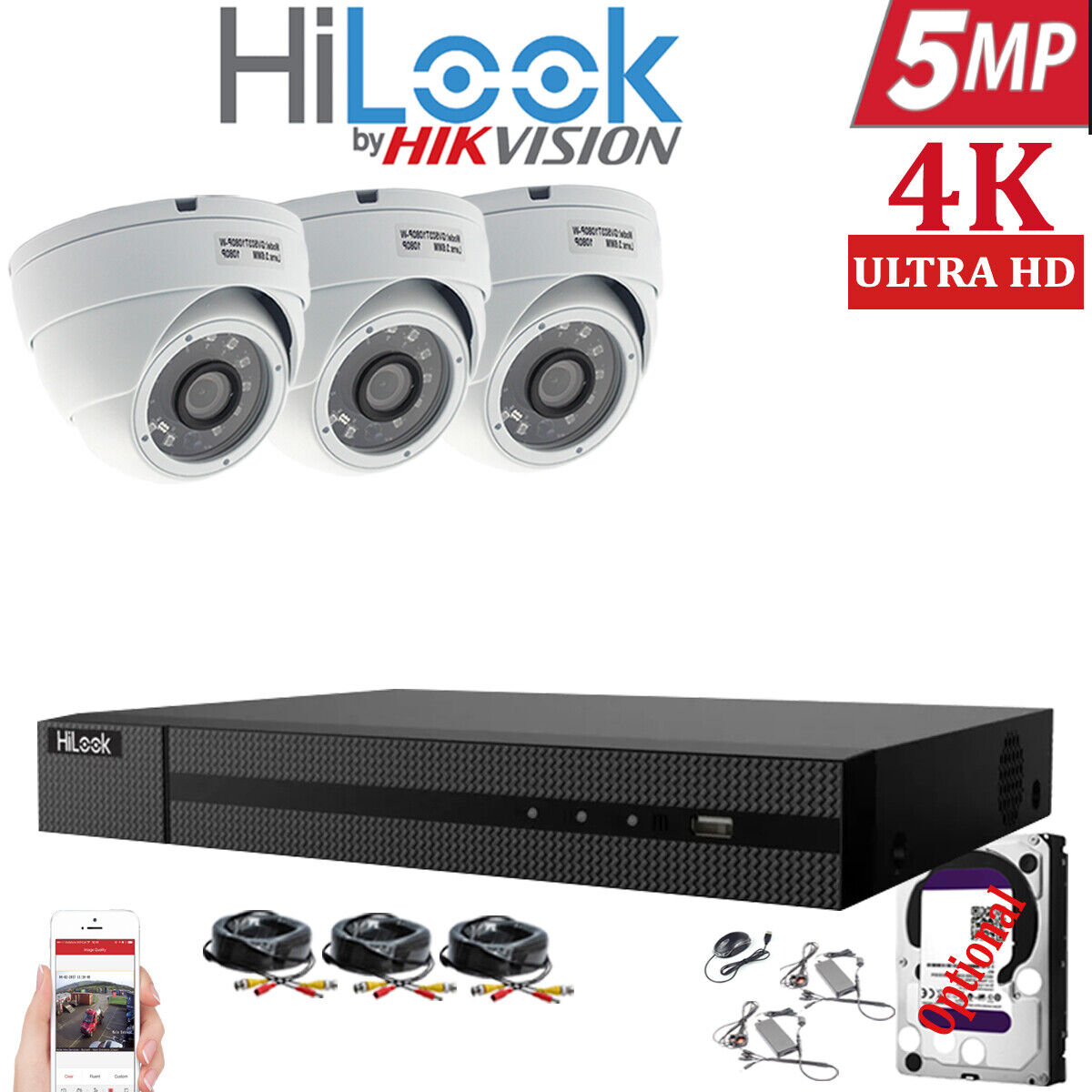HIKVISION HILOOK 5MP CCTV SYSTEM 4CH DVR FULL HD 20M NIGHT VISION DOME CAMERAS 3x Cameras (White) 1TB HDD