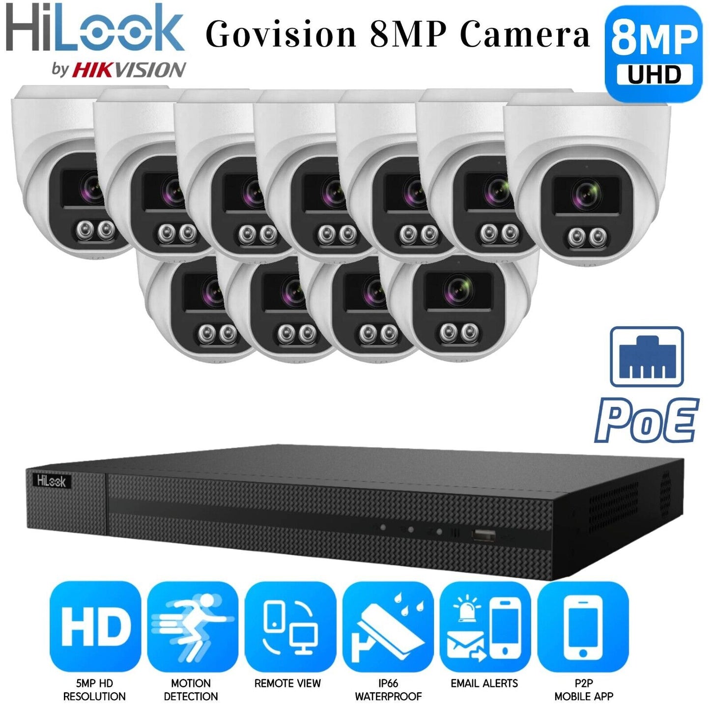 4K HIKVISION COLORVU AUDIO CCTV SYSTEM IP POE NVR 8MP CAMERA MIC NIGHTVISION KIT 16CH NVR 11xCameras (white) 10TB HDD
