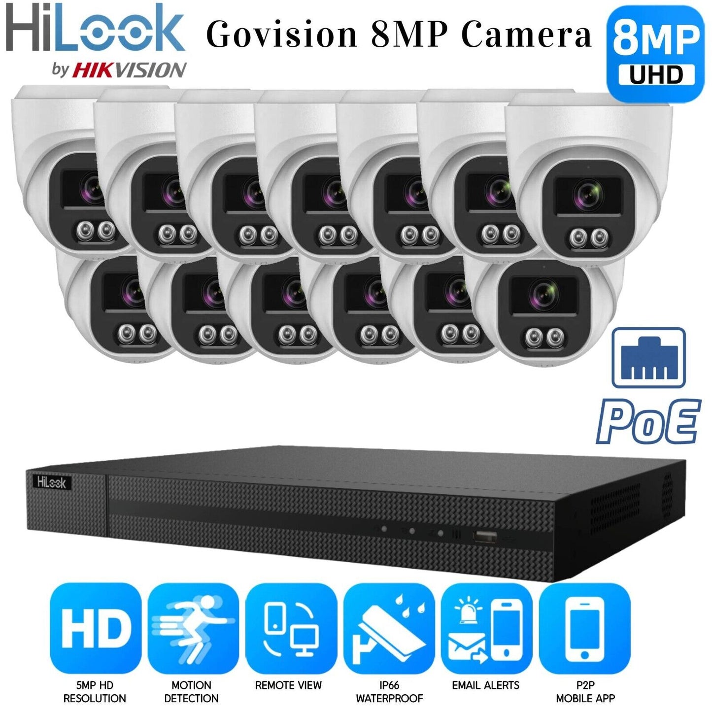 HIKVISION CCTV SYSTEM IP POE 8MP AUDIO MIC CAMERA SMART NIGHTVISION SECURITY KIT 16CH NVR 13x Cameras 1TB HDD
