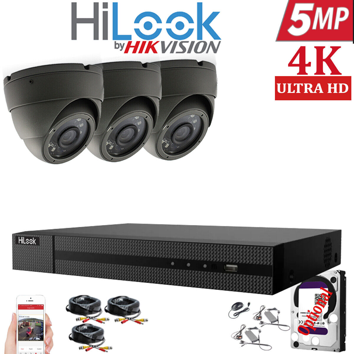 HIKVISION HILOOK 5MP CCTV SYSTEM 4CH DVR FULL HD 20M NIGHT VISION DOME CAMERAS 3x Cameras (Grey) 1TB HDD